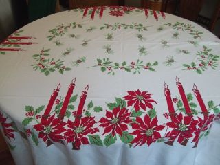 Vintage Christmas Tablecloth 60 " X 74 " Bright Colors Candles Pointsettias Holly