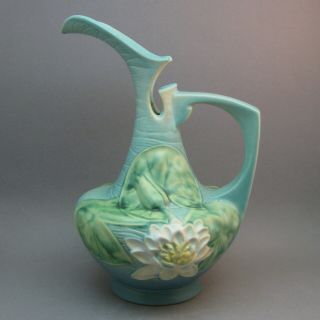 Vintage Roseville Water Lily Ewer Pitcher Usa Art Pottery Blue Green 11 - 10