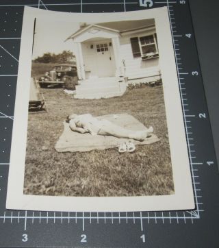 Woman Tans In Yard Shoes Off Legs Sun Bathing Sexy Lady Vintage Snapshot Photo