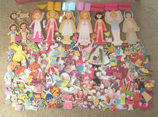10 Vintage Pressed Wood Magnetic Dolls W/huge Assortment Of Clothes,  Accessories