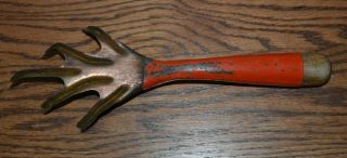 Vintage Metal Hand Held Garden Rake Claw Gardening Tool Red Paint