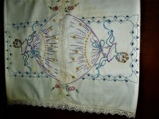 Vintage White Dresser Scarf Embroidered Crocheted Border SOUTHERN BELLE 2
