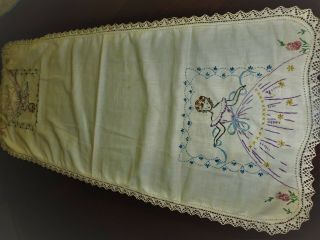 Vintage White Dresser Scarf Embroidered Crocheted Border SOUTHERN BELLE 4