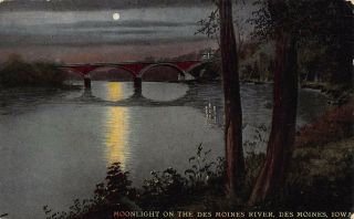 Vtg Postcard Moonlight On Des Moines River Iowa Ia Antique Bridge