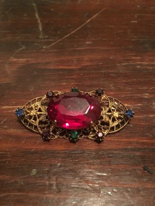 Vintage Jewelry Textured Red Art Glass Oval Brooch Pin Rhinestone