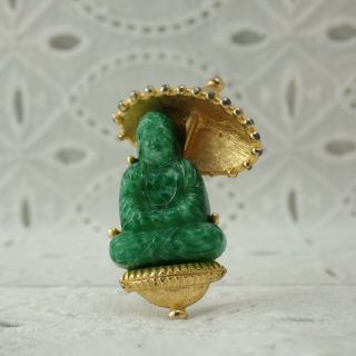 Vtg A 2 - 1 Gold Tone Peking Glass Faux Jade Sitting Buddha Umbrella Pin Brooch