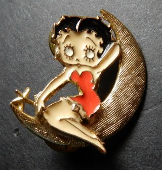 Vintage Gold Tone Cescent Moon With Betty Boop Posing Classic Brooch Pins