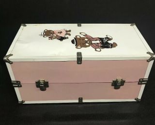 Vintage Metal Doll Carry Case Trunk Fits 21” Dolls Teddy Bear Motif Pink White