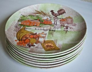 Vintage Set Of 7 Melmac Melamine Dinner Plates Country Farm Rooster Harvest Vgc