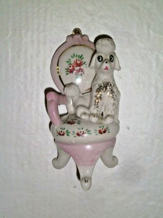 Vtg Ceramic Poodle In Fancy Pink|white Chair 1950 