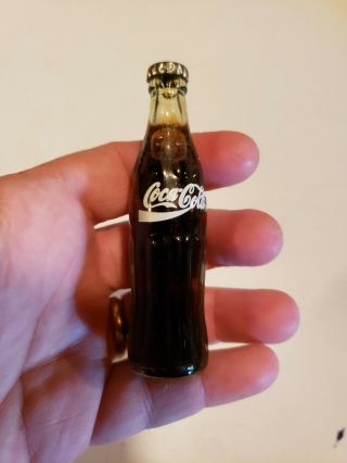 Vintage Mini 3 " Coca Cola Coke Glass Bottle Liquid Filled W/ Magnet / Red Cap