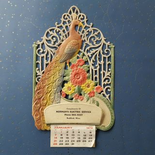Vintage Die Cut Embossed Calendar Peacock Art Deco Rushford Mn