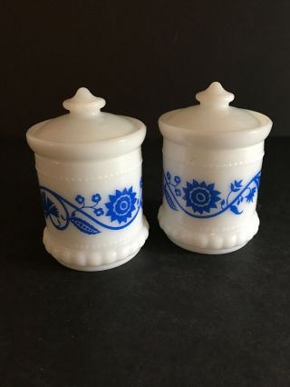 Vtg Pair Set Of 2 - White Milk Glass Jar Container W/lid,  Cornflower Blue Flowers