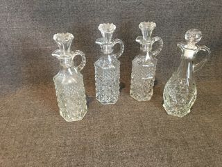 4 Vintage Cut Glass Cruets W/ Stoppers - 7 1/2 " Tall