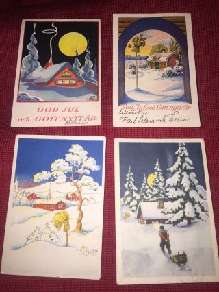 4 Vintage Mini Christmas Swedish Postcard God Jul Snow Cottage Trees Moon