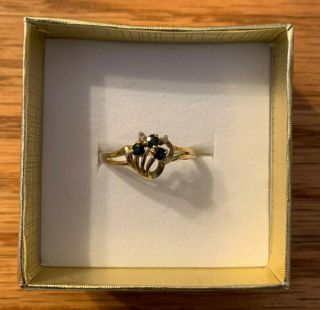Vintage Ladies 10k Gold Ring,  Sapphire And Clear Rhinestones,  Size 9