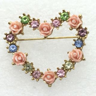 Signed Avon Vintage Rose Heart Brooch Pin Pastel Glass Rhinestone Jewelry