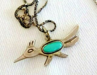 Vintage Navajo Pendant Necklace Turquoise Road Runner Sterling Silver Signed