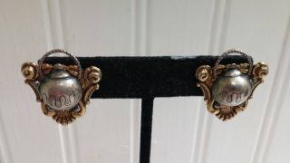 Vintage Goldtone Metal Filigree Silvertone Metal Tea Kettle Clip - On Earrings