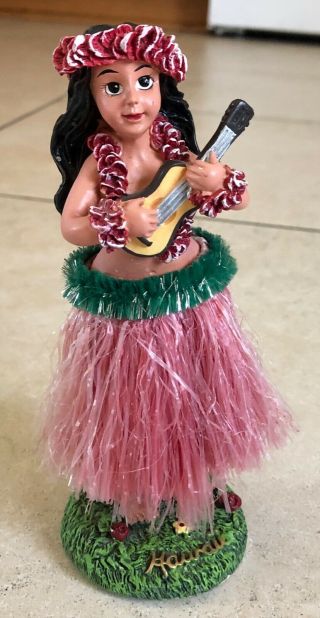 Vintage Hawaiian Hula Dancer Ukelele Girl Bobble Head Pink Grass Skirt Kc Co.