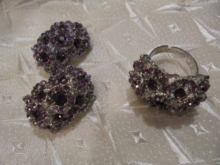 Vintage Lavender Rhinestone Clip Earrings / Ring Set