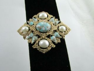 Vintage Sarah Coventry Marbled Faux Turquoise Fax Pearl Pin Brooch 3 "