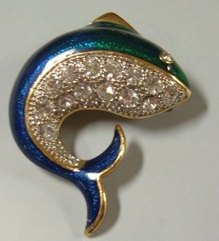 Vintage Brooch Gold Leaping Fat Fish Blue Green Enamel Rhinestones Pescado Pin