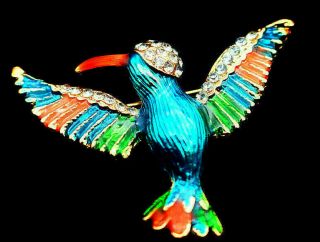 Colorful Hummingbird Blue Green Orange Retro Vintage Enamel Rhinestone Brooch