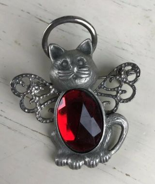 Angel Cat Pin Brooch Vintage Estate Find Ruby Red Faceted Belly Stone