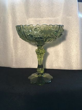 Vintage Fenton Green Glass Cabbage Rose Pattern Compote