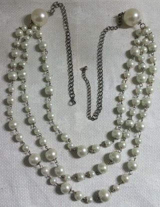Vintage Silvertone Metal Faux Pearl Glass Bead 34 " Tiered Necklace