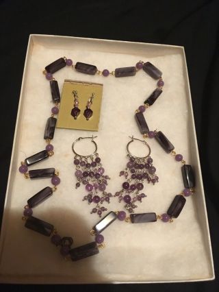 Vintage Purple Amethyst Glass Beaded Necklace And 2 Pair Purple Earrings