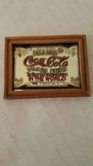 Miniature Vintage Coca Cola Wood Frame Mirror Plaque