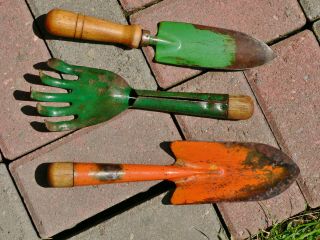 3 Vintage Metal Garden Tools Green Cultivator 5 Tine,  Spade Shovel Shabby Chic