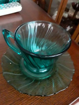 Vintage Depression Aquamarine Cup And Saucer Swirl Pattern Not The Blue,