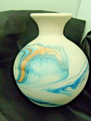 Vintage Nemadji 4 1/2 " Art Pottery Vase - Turquoise,  Orange,  Black Swirls Clay