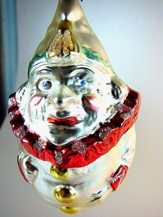 Vintage 1980s German Glass Ornament: Large Clown W Red Ruffle By Inge Glas