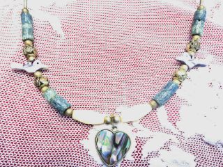 Vintage Sterling Silver Bead Necklace With Hand Carved Mother Of Pearl Birds