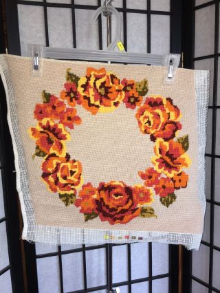 Vintage Fall Autumn Floral Wreath Fabric Canvas Embroidery Completed Unframed