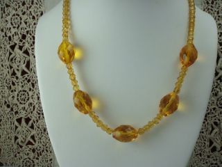 Vintage Old Art Deco Facted Czech Glass Gold Crystal 18 " Necklace Sterling Clasp