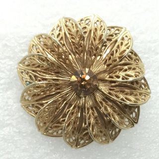 Vintage Layered Filigree Petal Flower Brooch Pin Light Amber Glass Rhinestone