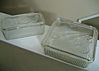 Set Of 2 Vintage Clear Designed Glass Refrigerator Dishes (one Square,  One Recta
