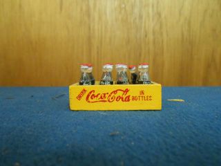 Vintage Miniature Coca - Cola Yellow Wood Crate & 12 Mini Coke Bottles