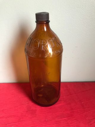 Vintage Amber Brown Embossed Glass Clorox 10” Bottle With Lid Apothecary