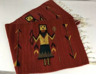 Vtg Zapotec Mexico Table Runner Hunter Southwest Decor Hand Woven Wool 14”x39”