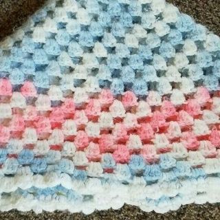 Vintage Retro Crocheted Baby Blanket White Pink Blue Handmade 32 " X 32 "