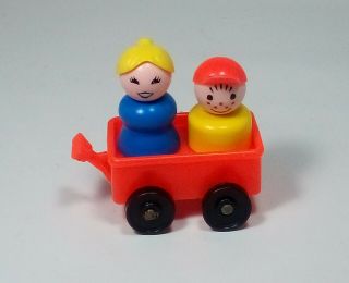 Vintage Fisher Price Little People Women & Boy With Baseball Cap Wagon Go Cart