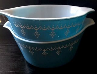 Vintage Pyrex Snowflake Blue Garland 1 Pint Casserole Dish 471 & 1 Quart 473 2