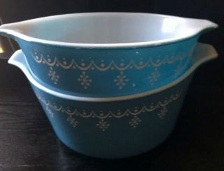 Vintage Pyrex Snowflake Blue Garland 1 Pint Casserole Dish 471 & 1 Quart 473 3