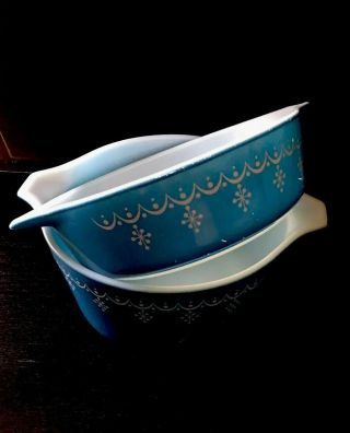 Vintage Pyrex Snowflake Blue Garland 1 Pint Casserole Dish 471 & 1 Quart 473 5
